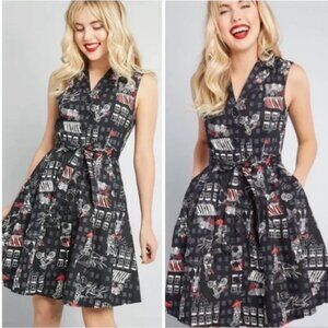 ModCloth Community Brunch Shirt Dress Small Black Printed Dalmation Fit & Flare